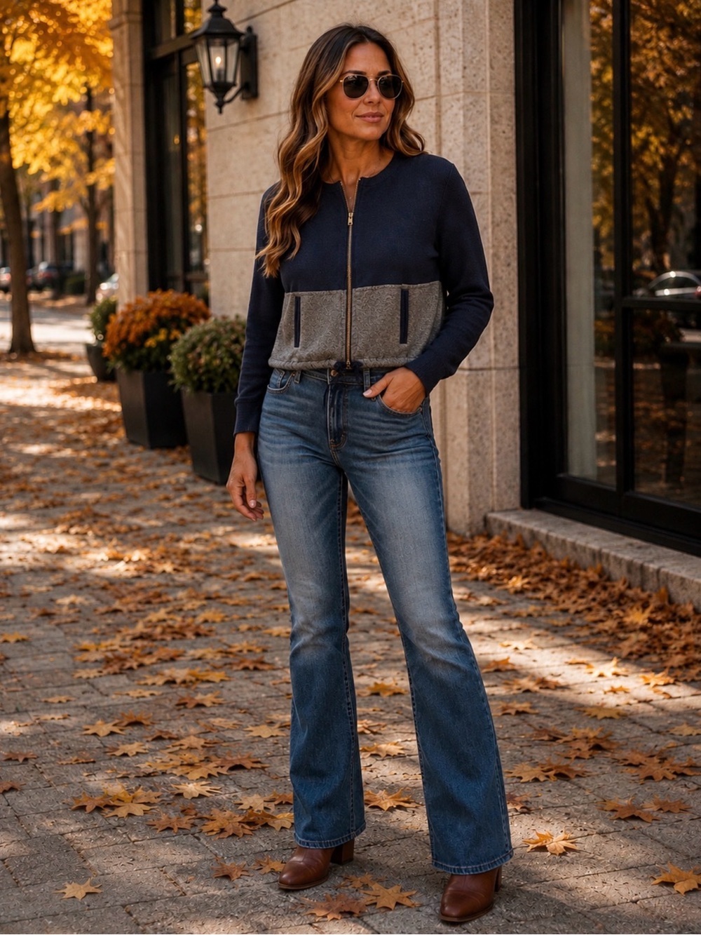 J. Crew 100% Marino Wool Navy and Gray Zip-Front Colorblock Crewneck Sweater